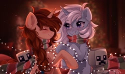 Size: 2362x1400 | Tagged: safe, artist:whiteliar, derpibooru import, oc, oc only, pony, unicorn, blushing, christmas, clothes, commission, creeper, duo, eyes closed, female, holiday, lesbian, oc x oc, plushie, scarf, shipping, sitting, smiling, string lights