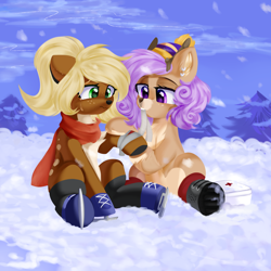 Size: 2160x2160 | Tagged: safe, artist:thieftea, derpibooru import, oc, deer, pony, hat, snow