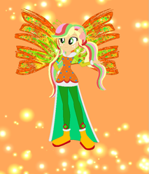 Size: 639x749 | Tagged: safe, artist:joshuat1306, artist:selenaede, artist:user15432, derpibooru import, applejack, human, equestria girls, alternate hairstyle, barely eqg related, base used, boots, clothes, colored wings, crossover, crystal sirenix, dress, fairy, fairy wings, fairyized, gradient wings, hand on hip, high heel boots, high heels, long hair, orange background, orange dress, orange wings, pigtails, seashell, shoes, simple background, sirenix, sparkly background, sparkly wings, wings, winx, winx club, winxified