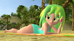 Size: 1920x1080 | Tagged: safe, artist:mr.uberrebu25, derpibooru import, lemon zest, equestria girls, 3d, ass, beach, beach babe, blue swimsuit, breasts, busty lemon zest, butt, clothes, female, headphones, one-piece swimsuit, solo, swimsuit, zestybutt