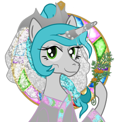 Size: 2500x2500 | Tagged: safe, artist:tentajack, derpibooru import, oc, oc only, oc:opal river, pony, unicorn, adornments, bust, circle background, clothes, flower, horn, horn ring, portrait, ring, robe, royal quest, simple background, solo, transparent background, veil