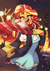 Size: 1414x2000 | Tagged: safe, artist:light262, derpibooru import, sunset shimmer, equestria girls, christmas, christmas lights, clothes, female, holding hands, holiday, offscreen character, pov, scarf, solo