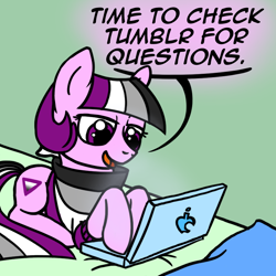 Size: 800x800 | Tagged: safe, artist:thedragenda, derpibooru import, oc, oc:ace, earth pony, pony, ask-acepony, computer, laptop computer, lying down, prone, solo