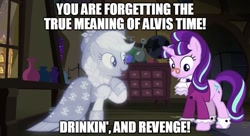 Size: 887x482 | Tagged: safe, derpibooru import, edit, edited screencap, screencap, applejack, snowfall frost, spirit of hearth's warming past, starlight glimmer, a hearth's warming tail, alvis, captain murphy, caption, feast of alvis, image macro, meme, sealab 2021, text