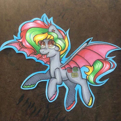 Size: 694x694 | Tagged: safe, artist:inochizuna, derpibooru import, oc, oc only, bat pony, pony, :p, bat pony oc, bat wings, solo, tongue, tongue out, traditional art, wings