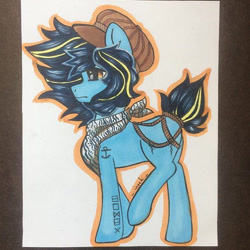 Size: 711x711 | Tagged: safe, artist:inochizuna, derpibooru import, oc, oc only, earth pony, pony, earth pony oc, hat, male, neckerchief, solo, stallion, tattoo, traditional art