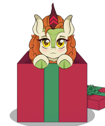 Size: 1305x1567 | Tagged: safe, artist:nathayro37, derpibooru import, autumn blaze, kirin, pony, awwtumn blaze, blushing, box, christmas, cute, female, holiday, looking at you, mare, pony in a box, present, simple background, smiling, solo, transparent background