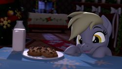 Size: 3840x2160 | Tagged: safe, artist:owlpirate, derpibooru import, derpy hooves, pegasus, pony, 3d, chocolate chip cookies, christmas, christmas tree, cute, decoration, derpabetes, eyes on the prize, holiday, milk, night, smiling, solo, source filmmaker, table, tree