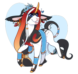 Size: 1690x1621 | Tagged: safe, artist:royvdhel-art, derpibooru import, oc, oc only, pony, unicorn, clothes, cloven hooves, commission, curved horn, ear piercing, earring, female, heart, heart eyes, jewelry, leonine tail, mare, piercing, simple background, smiling, solo, transparent background, wingding eyes, ych result