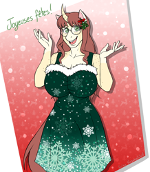 Size: 3400x3900 | Tagged: safe, artist:hasana-chan, oc, oc only, oc:céline actias, anthro, unguligrade anthro, unicorn, anthro oc, big breasts, breasts, christmas, clothes, commission, curved horn, dialogue, digital art, dress, female, freckles, french, glasses, hearth's warming, holiday, horn, mistletoe, solo, unicorn oc