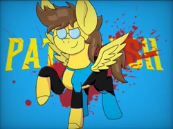 Size: 543x406 | Tagged: artist needed, safe, oc, oc:pato dash, pegasus, pony, blood, costume, glasses, invincible, male, stallion, superhero, wings