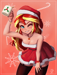 Size: 754x1000 | Tagged: safe, artist:the-park, sunset shimmer, equestria girls, blushing, christmas outfit, mug, one eye closed, solo, wink