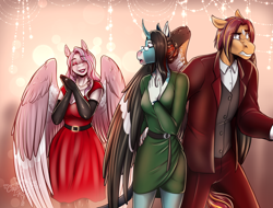 Size: 2240x1704 | Tagged: safe, artist:blackblood-queen, derpibooru import, oc, oc only, oc:annie belle, oc:april showers, oc:sunstreak quartz, anthro, dracony, dragon, hybrid, pegasus, unguligrade anthro, unicorn, anthro oc, clothes, digital art, dress, fangs, female, glasses, hair bun, horn, male, mare, mother and child, mother and son, oc x oc, parent and child, pegasus oc, shipping, smiling, stallion, story in the source, straight, unicorn oc, worried