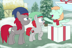 Size: 1500x1000 | Tagged: safe, artist:unsavorydom, peach fuzz, train tracks (character), earth pony, pony, :o, box, christmas, clothes, colt, crimson skate, female, filly, foal, gift, gift box, hat, hearth's warming, holiday, male, mare, open mouth, outdoors, outside, pony in a box, present, raised hoof, raised leg, scarf, snow, surprised, winter