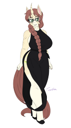 Size: 2200x4000 | Tagged: safe, artist:tertonda, oc, oc only, oc:céline actias, anthro, unguligrade anthro, unicorn, anthro oc, big breasts, black dress, braid, breasts, clothes, commission, curved horn, digital art, dress, female, freckles, glasses, horn, leg freckles, looking at you, mare, shoulder freckles, side slit, signature, simple background, smiling, smiling at you, total sideslit, transparent background, unicorn oc