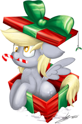 Size: 970x1460 | Tagged: safe, artist:hardlugia, derpibooru import, derpy hooves, pegasus, pony, candy, candy cane, christmas, cute, food, holiday, mistletoe, ribbon, silly, silly pony, simple background, snow, solo, transparent background