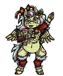 Size: 857x1030 | Tagged: safe, artist:deidad_dissitum, derpibooru import, oc, oc:chiray, pegasus, pony, 2022 community collab, belly button, bow, chest fluff, christmas, clothes, cutie mark, derpibooru community collaboration, fluffy, happy, holiday, holly, hooves, plushie, ribbon, socks, solo, spreadwings, unshorn fetlocks, wings