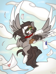 Size: 1620x2160 | Tagged: safe, artist:tizhonolulu, derpibooru import, oc, oc:snowy skies, pegasus, pony, bag, clothes, cloud, flying, goggles, letter, mail, mailbag, mailmare, one eye closed, scarf, sky, solo, wink