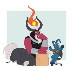 Size: 1373x1339 | Tagged: safe, artist:gor1ck, derpibooru import, grogar, lord tirek, centaur, goat, sheep, taur, bracer, cloven hooves, colored hooves, desk, duo, duo male, male, nose piercing, nose ring, piercing