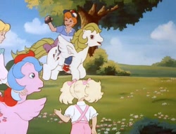 Size: 703x538 | Tagged: safe, derpibooru import, screencap, danny williams, megan williams, molly williams, surprise, whizzer, human, pegasus, pony, twinkle eyed pony, g1, my little pony 'n friends, the great rainbow caper, adoraprise, baseball cap, blouse, bow, camera, cap, clothes, cute, dannybetes, female, galloping, hat, humans riding ponies, land, male, mare, megandorable, mollybetes, open mouth, open smile, overalls, pants, ponyland, riding, shirt, shoes, siblings, smiling, t-shirt, tail, tail bow, tree, whizzabetes, williams siblings, younger