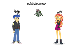 Size: 1150x673 | Tagged: safe, artist:legobuilder100, derpibooru import, flash sentry, sunset shimmer, equestria girls, christmas, converse, female, flashimmer, holiday, male, mistletoe, shipping, shoes, straight