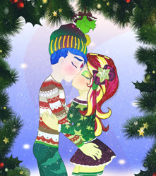 Size: 900x1018 | Tagged: safe, artist:fofurastro, derpibooru import, flash sentry, sunset shimmer, equestria girls, christmas, female, flashimmer, holiday, kissing, male, mistletoe, shipping, straight