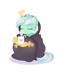 Size: 1600x1900 | Tagged: safe, artist:biocrine, derpibooru import, lyra heartstrings, pony, unicorn, blanket, candy, candy cane, chocolate, cozy, eyes closed, food, hand, hot chocolate, magic, magic aura, magic hands, mug, simple background, solo, white background