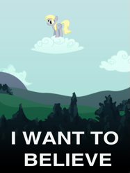 Size: 487x652 | Tagged: safe, derpibooru import, derpy hooves, pegasus, pony, cloud, derpy being derpy, i want to believe, on a cloud, solo, standing on a cloud, x-files