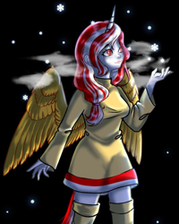 Size: 719x897 | Tagged: safe, artist:tialtri, derpibooru import, oc, oc:sinar bulan indonesia, alicorn, human, clothes, female, hair tie, horn, humanized, indonesia, night, not cream heart, shoes, snow, snowflake, wings, winter