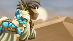 Size: 1920x1080 | Tagged: safe, alternate version, artist:ahobobo, derpibooru import, oc, oc only, oc:sandstone shine, oc:sapphire oasis, crystal pony, earth pony, pony, desert, sand, story in the source