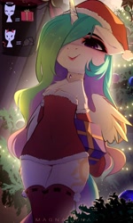 Size: 1555x2592 | Tagged: safe, artist:magnaluna, derpibooru import, princess celestia, alicorn, semi-anthro, chest fluff, choker, christmas, clothes, dress, female, hat, holiday, mare, present, santa hat, solo, stockings, thigh highs