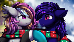 Size: 2920x1642 | Tagged: safe, artist:pridark, derpibooru import, oc, oc only, bat pony, pony, bat pony oc, bust, christmas, clothes, commission, cute, cute little fangs, duo, fangs, high res, holiday, looking at each other, looking at someone, portrait, scarf, snow, solo