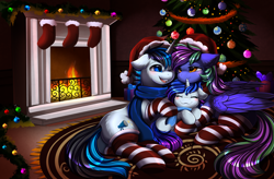 Size: 3246x2133 | Tagged: safe, artist:pridark, derpibooru import, oc, oc only, oc:lishka, oc:solar gizmo, pegasus, pony, unicorn, blushing, butt, christmas, christmas decoration, christmas gift, christmas ornament, christmas stocking, christmas tree, clothes, commission, cutie mark, decoration, eyes closed, family, female, filly, fire, fireplace, foal, hat, high res, holiday, horn, looking at each other, looking at someone, open mouth, open smile, parents:oc x oc, pegasus oc, plot, rug, santa hat, scarf, smiling, socks, solo, stockings, striped socks, tail, thigh highs, tree, two toned mane, two toned tail, unicorn oc, wall of tags