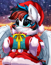 Size: 2550x3209 | Tagged: safe, artist:pridark, derpibooru import, part of a series, part of a set, oc, oc only, oc:retro city, pony, blushing, christmas, commission, cute, hat, high res, holiday, ocbetes, present, santa hat, snow, solo, ych result