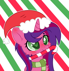 Size: 3465x3613 | Tagged: safe, artist:darbypop1, derpibooru import, oc, oc only, oc:alyssa rice, alicorn, pony, base used, blushing, candy, candy cane, cheek fluff, chest fluff, christmas, clothes, female, food, hat, heart eyes, holiday, mare, mouth hold, santa hat, scarf, solo, wingding eyes