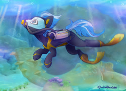 Size: 1024x745 | Tagged: safe, artist:midnightpremiere, derpibooru import, oc, oc only, earth pony, fish, pony, blue mane, blue tail, bubble, crepuscular rays, diving, diving suit, flippers, looking up, ocean, seaweed, signature, solo, subnautica, sunlight, swimming, tail, underwater, water