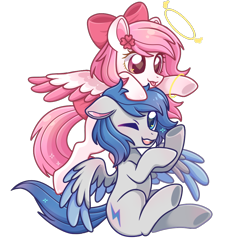 Size: 1000x1000 | Tagged: safe, artist:艾梦, derpibooru import, oc, oc only, oc:bubble cloud, oc:zephyrpony, pegasus, pony, 2022 community collab, bow, couple, derpibooru community collaboration, halo, simple background, tongue, tongue out, transparent background, wings