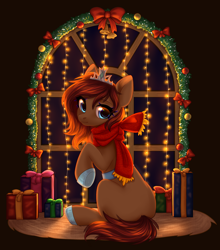 Size: 2900x3300 | Tagged: safe, artist:avrameow, derpibooru import, oc, oc only, earth pony, pony, bell, bow, clothes, gift box, scarf, solo