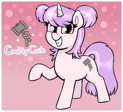Size: 1618x1464 | Tagged: safe, artist:heretichesh, derpibooru import, oc, oc only, oc:crafty coils, pony, unicorn, eye clipping through hair, female, freckles, grin, looking at you, mare, raised hoof, raised leg, smiling, smiling at you, solo