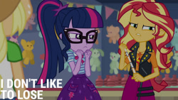 Size: 1280x720 | Tagged: safe, derpibooru import, edit, edited screencap, editor:quoterific, screencap, applejack, sci-twi, sunset shimmer, twilight sparkle, better together, equestria girls, rollercoaster of friendship, applejack's hat, belt, bowtie, clothes, cowboy hat, cutie mark on clothes, denim skirt, female, geode of empathy, glasses, hat, jacket, jewelry, leather, leather jacket, magical geodes, necklace, ponytail, skirt