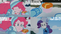 Size: 1280x720 | Tagged: safe, derpibooru import, edit, edited screencap, editor:quoterific, screencap, pinkie pie, rarity, better together, equestria girls, holidays unwrapped, crying, eyes closed, female, food, open mouth, saving pinkie's pie, snow, souffle