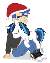 Size: 960x1200 | Tagged: safe, artist:dm29, derpibooru import, flash sentry, shining armor, pony, unicorn, equestria girls, blank flank, christmas, colt, duo, eyes closed, foal, hat, holiday, male, santa hat, simple background, sitting, transparent background