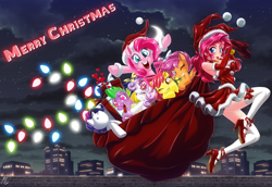 Size: 5082x3500 | Tagged: safe, alternate version, artist:mauroz, derpibooru import, apple bloom, pinkie pie, rarity, scootaloo, spike, sweetie belle, dragon, earth pony, human, pegasus, pony, unicorn, absurd file size, absurd resolution, anime, bag, bare shoulders, breasts, christmas, clothes, costume, cutie mark crusaders, female, hat, heart eyes, high heels, holiday, human ponidox, humanized, implied shipping, implied sparity, implied straight, male, mare, plushie, sack, santa claus, santa costume, santa hat, self paradox, self ponidox, shoes, sleeveless, snow, socks, stockings, thigh highs, wingding eyes