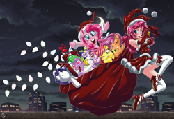 Size: 5082x3500 | Tagged: safe, artist:mauroz, derpibooru import, apple bloom, pinkie pie, rarity, scootaloo, spike, sweetie belle, dragon, earth pony, human, pegasus, pony, unicorn, absurd file size, absurd resolution, anime, bag, bare shoulders, breasts, christmas, clothes, costume, cutie mark crusaders, female, hat, heart eyes, high heels, holiday, human ponidox, humanized, implied shipping, implied sparity, implied straight, male, mare, plushie, sack, santa claus, santa costume, santa hat, self paradox, self ponidox, shoes, sleeveless, snow, socks, stockings, thigh highs, wingding eyes