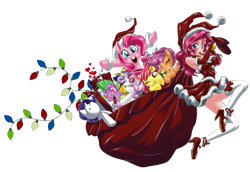 Size: 5082x3500 | Tagged: safe, artist:mauroz, derpibooru import, apple bloom, pinkie pie, rarity, scootaloo, spike, sweetie belle, dragon, earth pony, human, pegasus, pony, unicorn, absurd file size, absurd resolution, anime, bag, breasts, christmas, clothes, costume, cutie mark crusaders, female, hat, heart eyes, high heels, holiday, human ponidox, humanized, implied shipping, implied sparity, implied straight, male, mare, plushie, sack, santa claus, santa costume, santa hat, self paradox, self ponidox, shoes, simple background, snow, socks, stockings, thigh highs, transparent background, wingding eyes