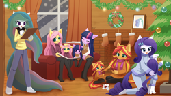Size: 1920x1080 | Tagged: safe, alternate version, artist:howxu, derpibooru import, fluttershy, princess celestia, rarity, sunset shimmer, twilight sparkle, anthro, equestria girls, card, chibi, child, christmas, christmas lights, christmas tree, clothes, commission, door, duality, eyes closed, head pat, holiday, open mouth, pantyhose, pat, playing, self paradox, snow, stocking feet, stockings, sweater, sweatershy, tree, younger