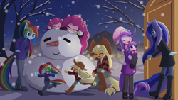 Size: 1920x1080 | Tagged: safe, alternate version, artist:howxu, derpibooru import, applejack, pinkie pie, princess luna, rainbow dash, starlight glimmer, anthro, chibi, commission, double the glimmer, self adoption, self paradox, snow, snowman