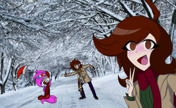 Size: 1592x974 | Tagged: safe, artist:rainbowbacon, derpibooru import, oc, oc:rainbowbacon, human, pegasus, pony, anime, anime style, christmas, clothes, forest background, hat, holiday, santa hat, scarf, selfie, snow