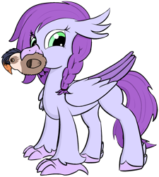 Size: 1020x1134 | Tagged: safe, artist:solos, derpibooru import, oc, oc only, oc:aella breeze, hippogriff, 2022 community collab, braid, derpibooru community collaboration, hippogriff oc, looking at you, mouth hold, plushie, simple background, solo, talons, transparent background, wings