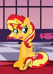 Size: 2481x3508 | Tagged: safe, artist:memprices, derpibooru import, sunset shimmer, pony, unicorn, female, high res, looking at you, open mouth, open smile, sitting, smiling, vector